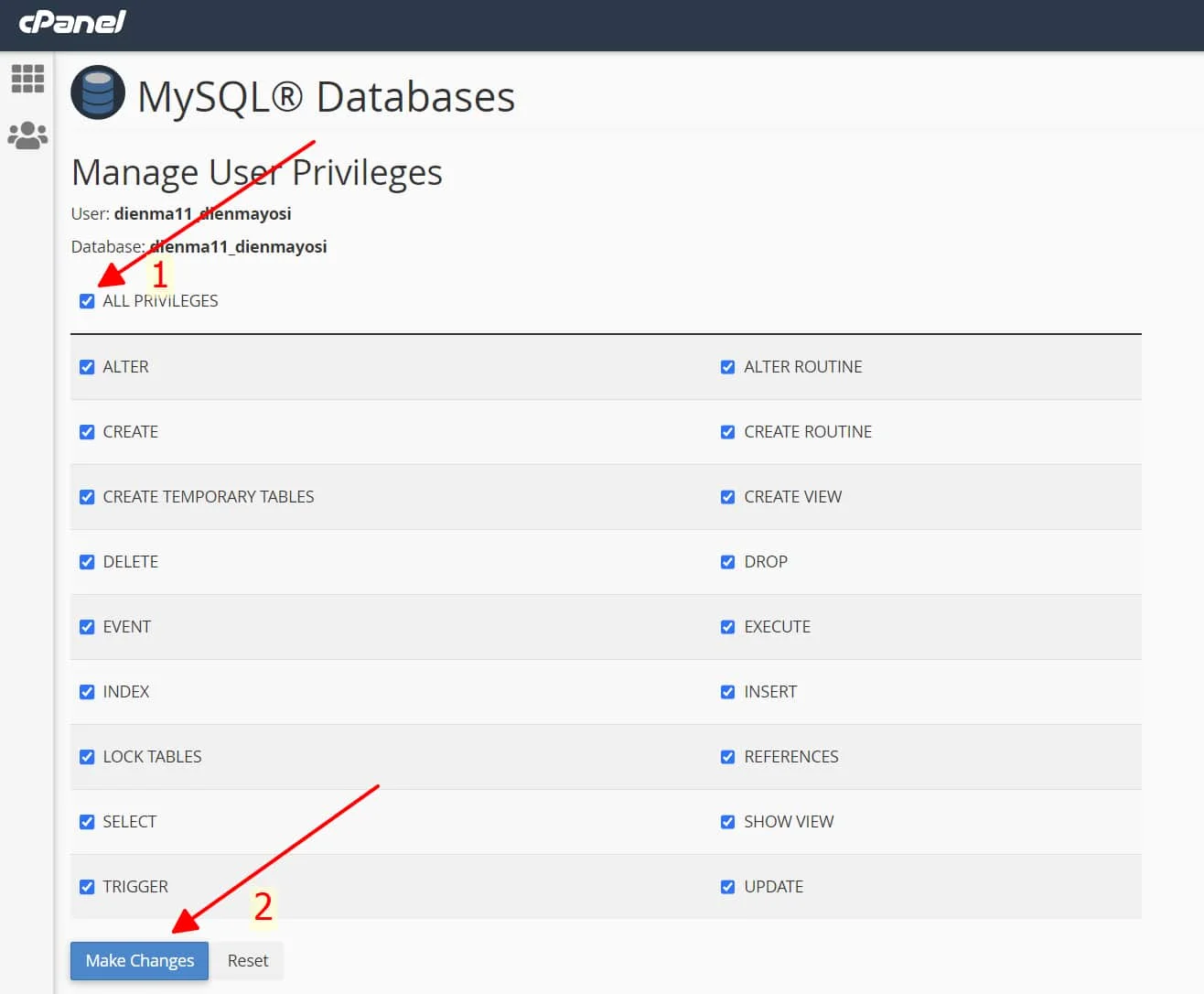 Cấp quyền cho user mysql database