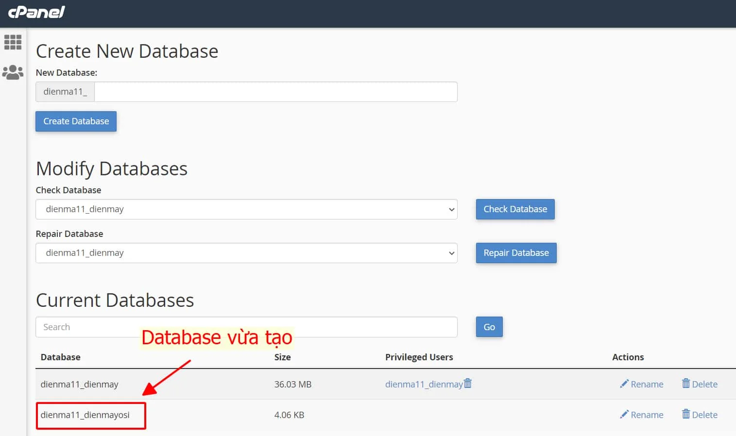 Tạo database thành công